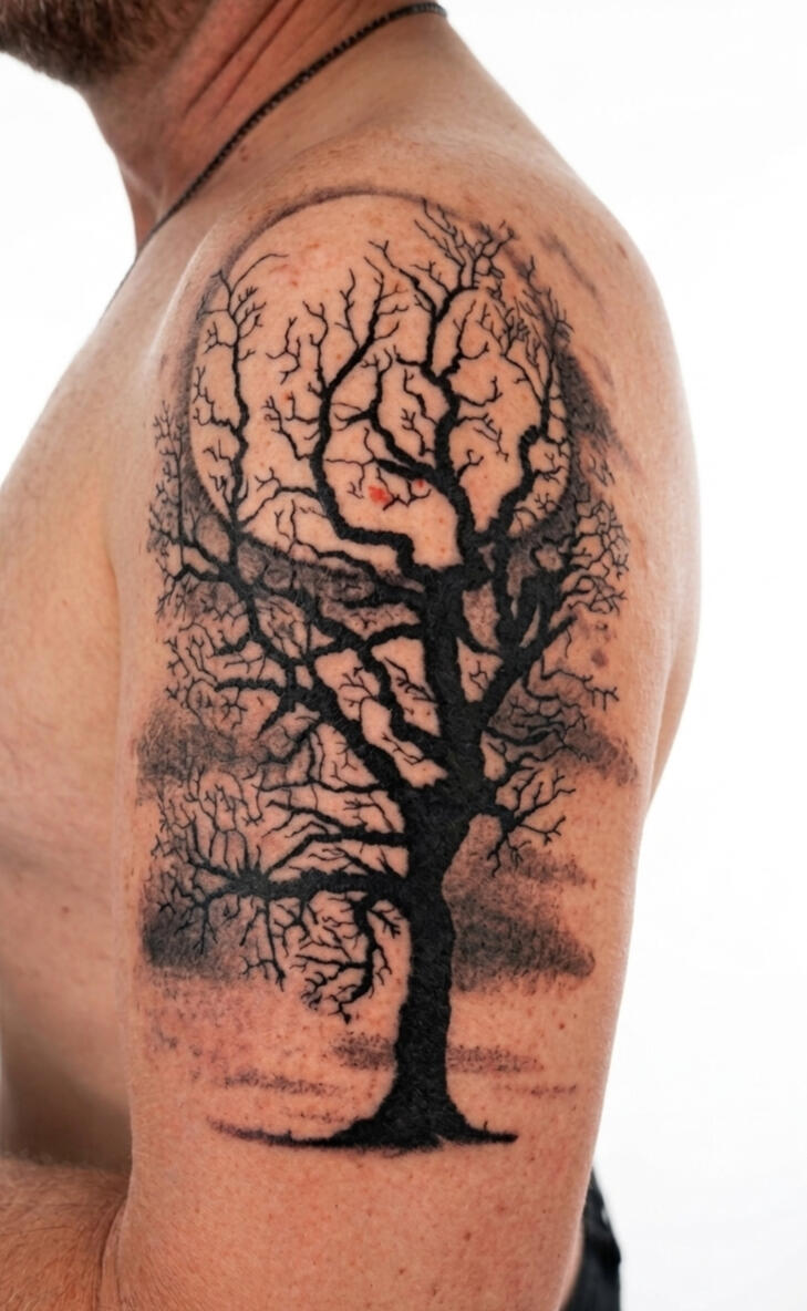 Tatouage arbre inspiré de la nature en noir et gris sur le haut du bras