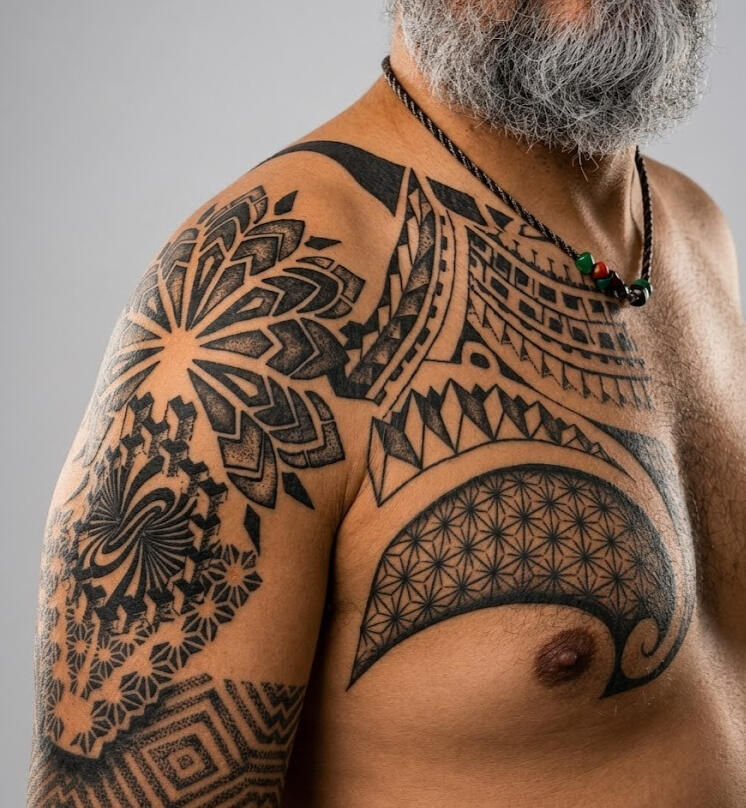 Tatouage polynésien géométrique noir et gris sur l'épaule et la poitrine
