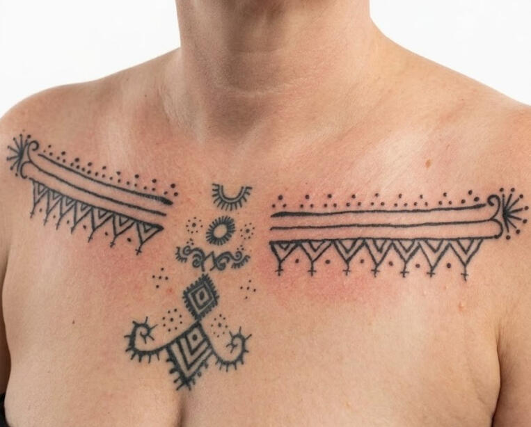 Tatouage symbolique noir et gris sur la poitrine et le sternum